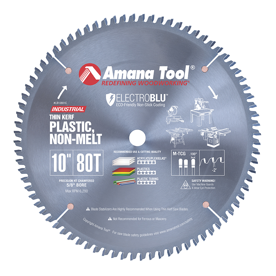Amana Tool LB10801C Electro-Blu Carbide Tipped Non-Melt Plastic Saw Blade  10 Inch Dia x 80T M-TCG, -2 Deg, 5/8 Bore, Non-Stick Coated General  Cutting Tools
