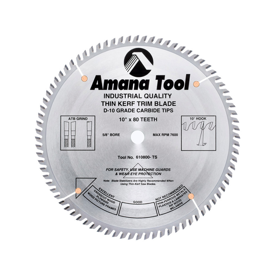 Amana 610800-TS — 10″ x 80T ATB Carbide Tipped Thin Kerf Miter Saw Blade  for Extra Smooth Cut 5/8″ Bore General Cutting Tools
