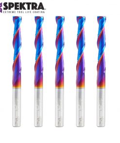 Amana 46577-K-5 5-Pack CNC 2D and 3D Carving Flat Bottom 0.10 Deg Angle x 1/4 Dia x 1-1/2 x 1/4 Shank x 3" Long x 2 Flute Solid Carbide Up-Cut Spiral Spektra™ Coated Router Bit