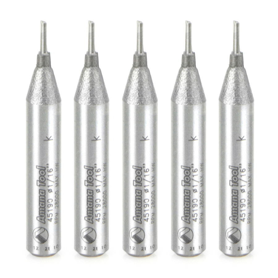 Amana 45190-5 5 Pack Solid Carbide Cutting Edge Straight Plunge High Production 1/16 Dia x 3/16 x 1/4 Inch Shank