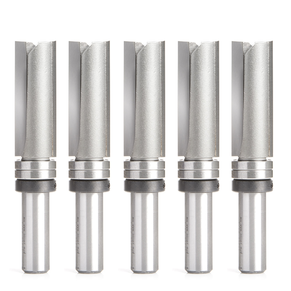 Amana 45366-5 5 Pack Carbide Tipped Flush Trim Plunge Template 3/4 Dia x 2 x 1/2 Inch Shank with 2 Upper Ball Bearings