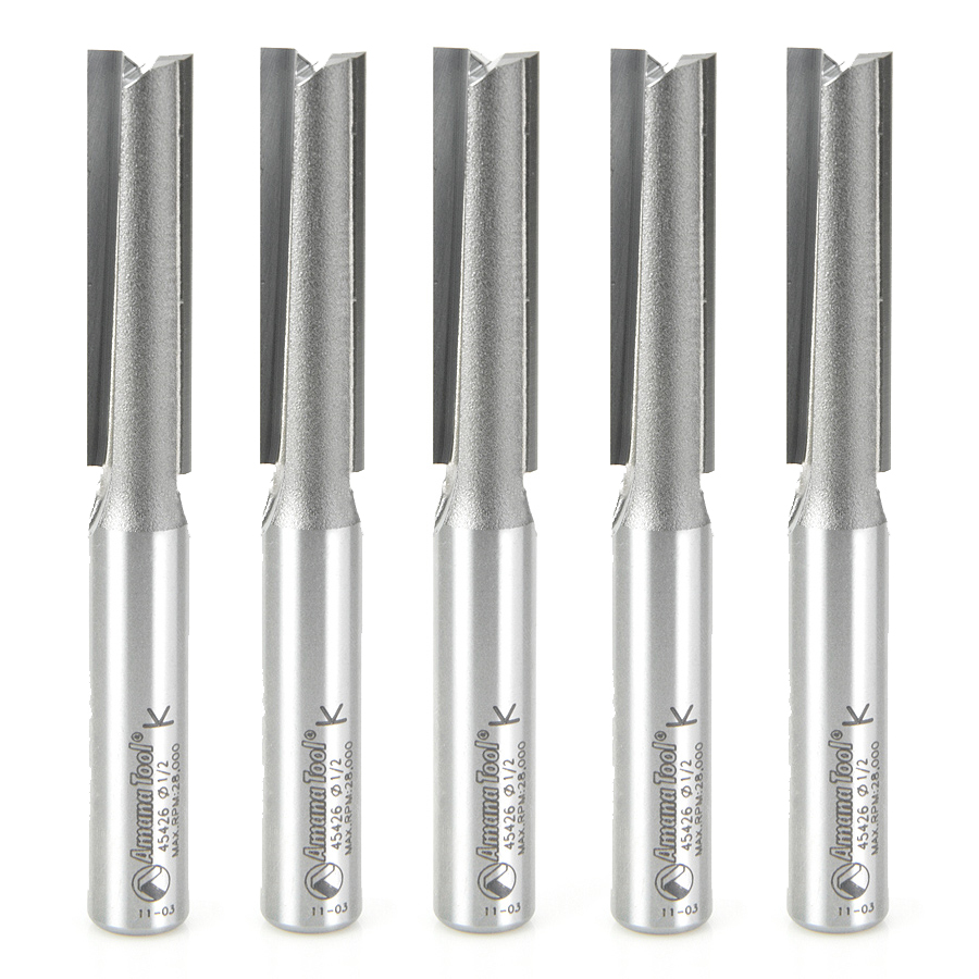 Amana 45426-5 5-Pack Carbide Tipped Straight Plunge 1/2 Dia x 2 Inch x 1/2 Shank