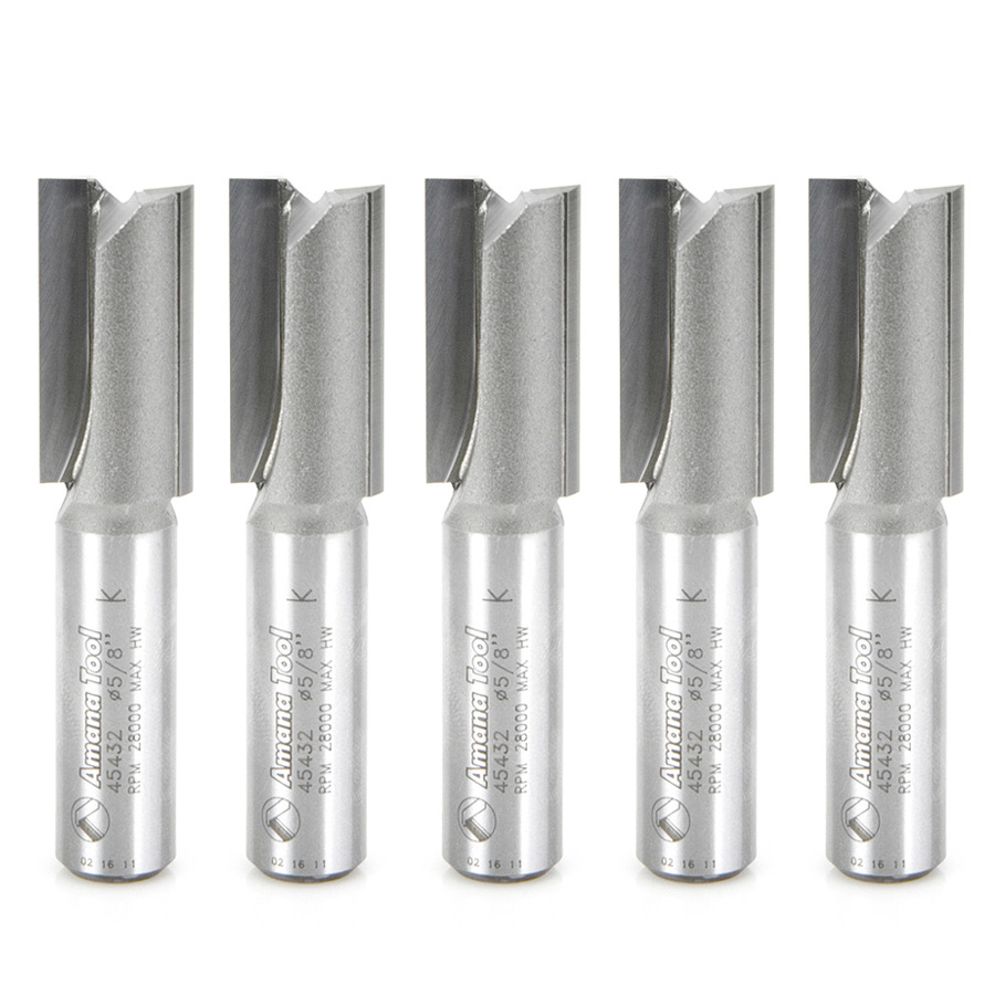 Amana 45432-5 5 Pack Carbide Tipped Straight Plunge 5/8 Dia x 1-1/4 x 1/2 Inch Shank