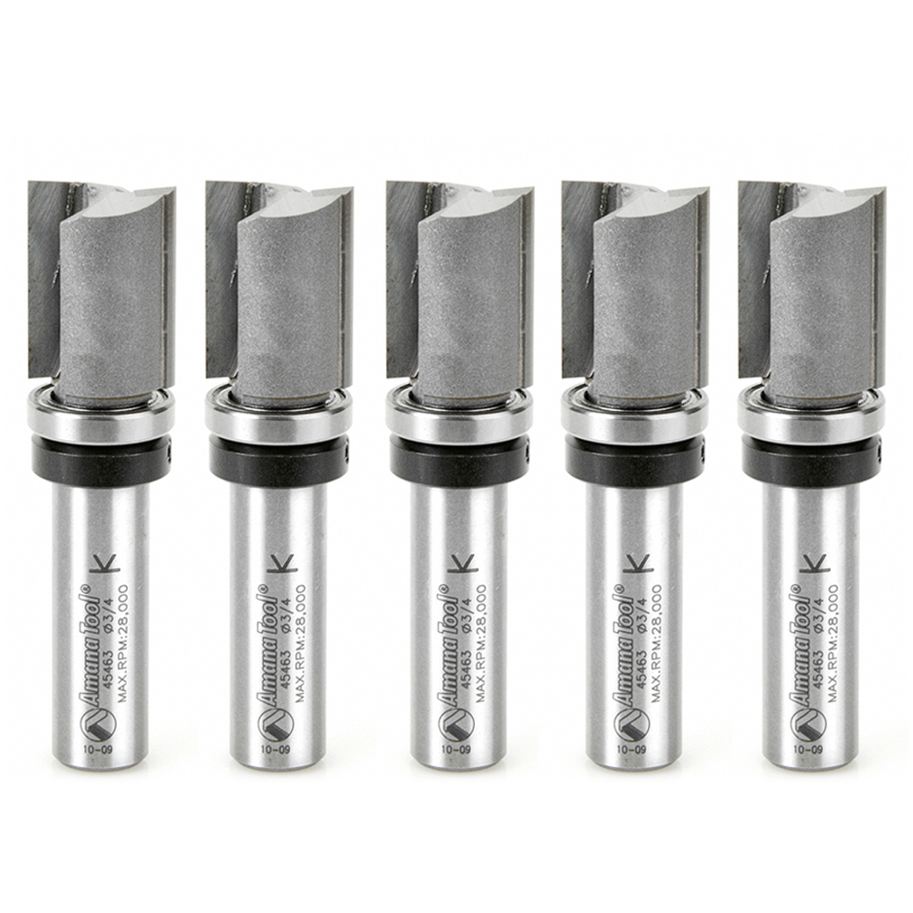 Amana 45463-5 5 Pack Carbide Tipped Flush Trim Plunge Template 3/4 Dia x 1 Inch x 1/2 Shank with Upper BB