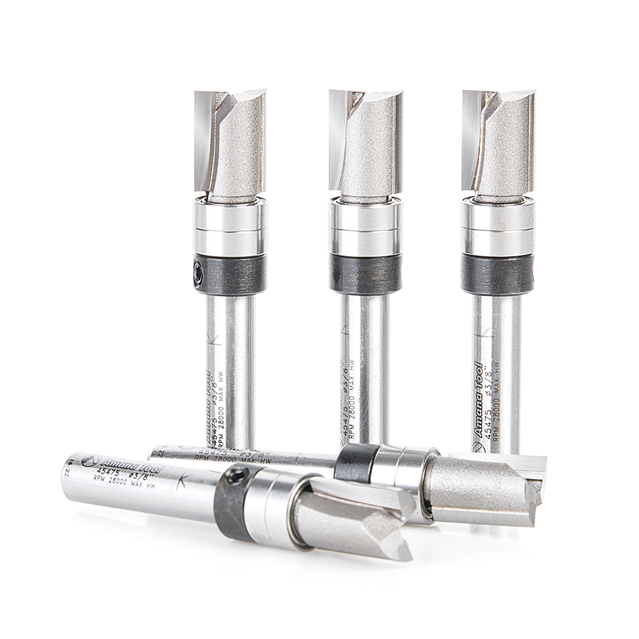 Amana 45475-5 5-Pack Carbide Tipped Flush Trim Plunge Template 3/8 Dia x 1/2 x 1/4 Inch Shank with 2 Upper Ball Bearings