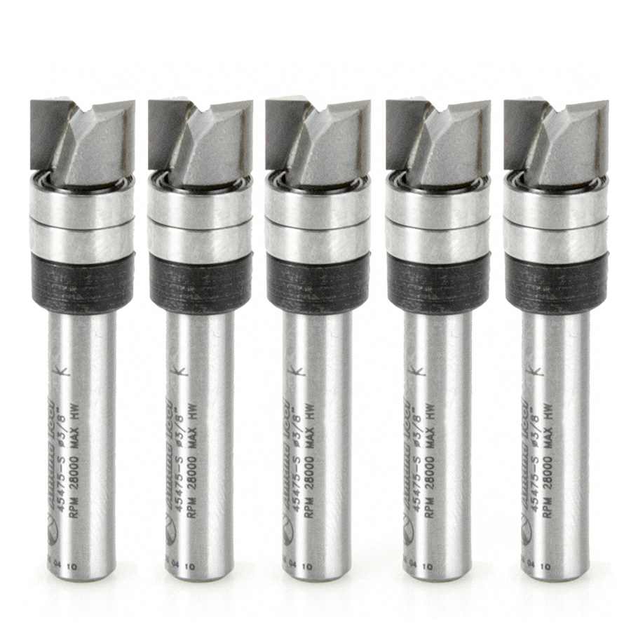 Amana 45475-S-5 5-Pack Carbide Tipped Flush Trim Plunge Template 3/8 Dia x 1/4 x 1/4 Inch Shank with 2 Upper Ball Bearings