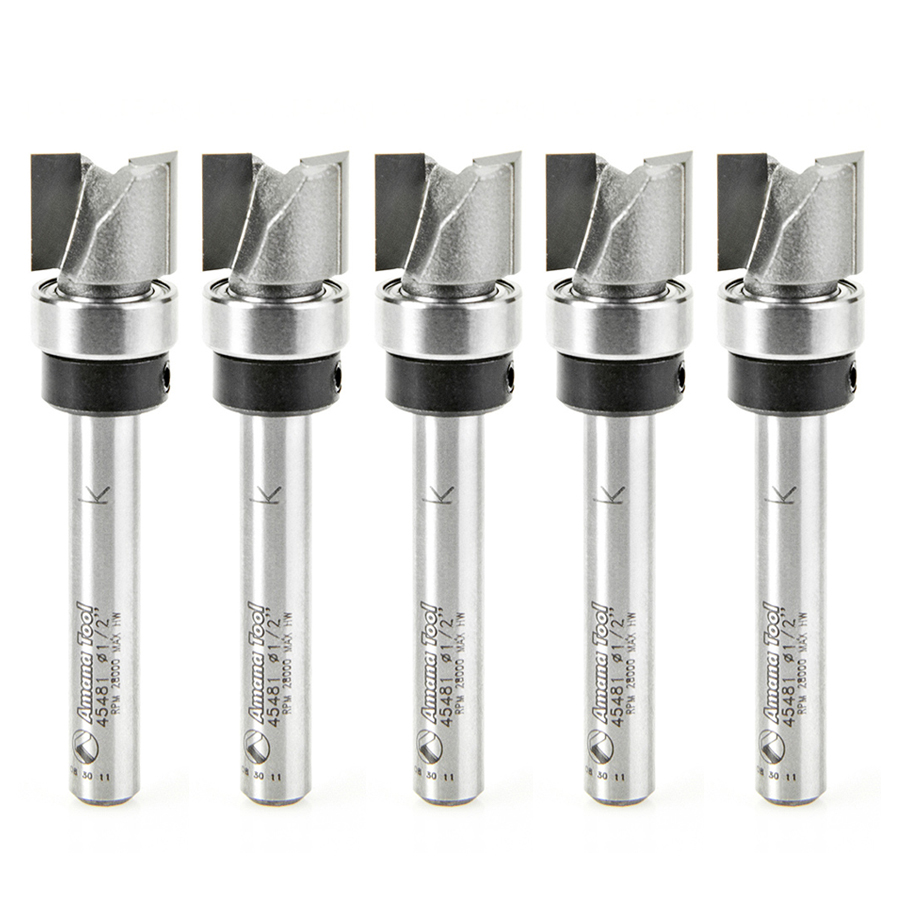 Amana 45481-5 5 Pack Carbide Tipped Flush Trim Plunge Template 1/2 Dia x 3/8 x 1/4 Inch Shank with Upper BB