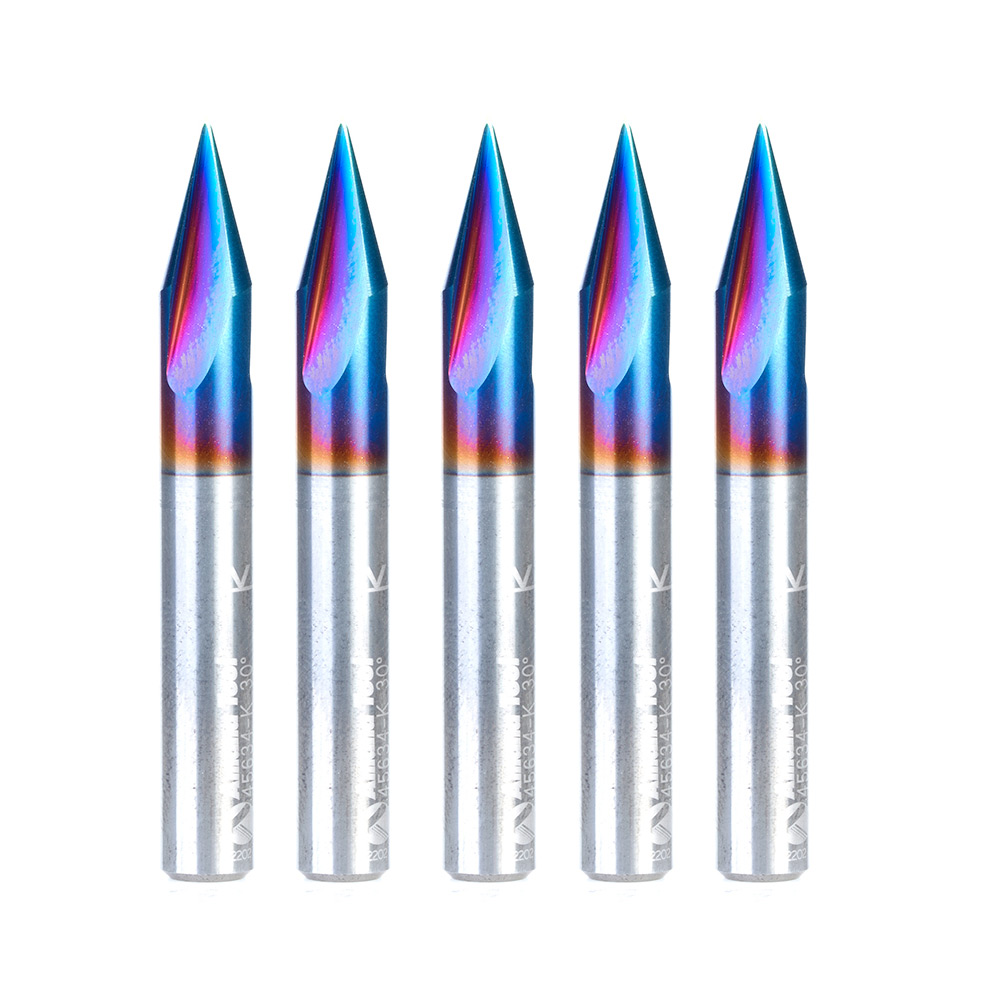 Amana 45634-K-5 5 Pack Solid Carbide V-Groove 30 Deg x 1/4 Dia x 27/64 x 1/4 Inch Shank Spektra, Extreme Tool Life Coated Router Bit