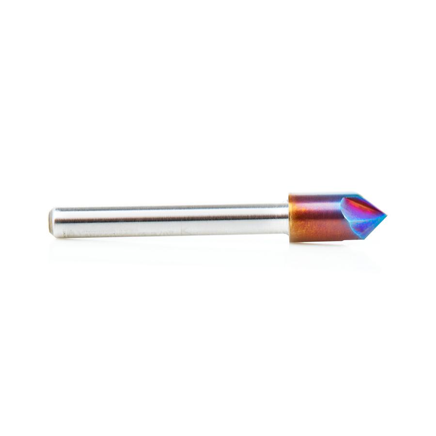Amana 45646-K Solid Carbide (Brazed To Steel Shank) Cutting Edge 3 Flute V-Groove 90 Deg x 3/8 Dia x 0.188 x 1/4 Inch Shank Spektra, Extreme Tool Life Coated Router Bit