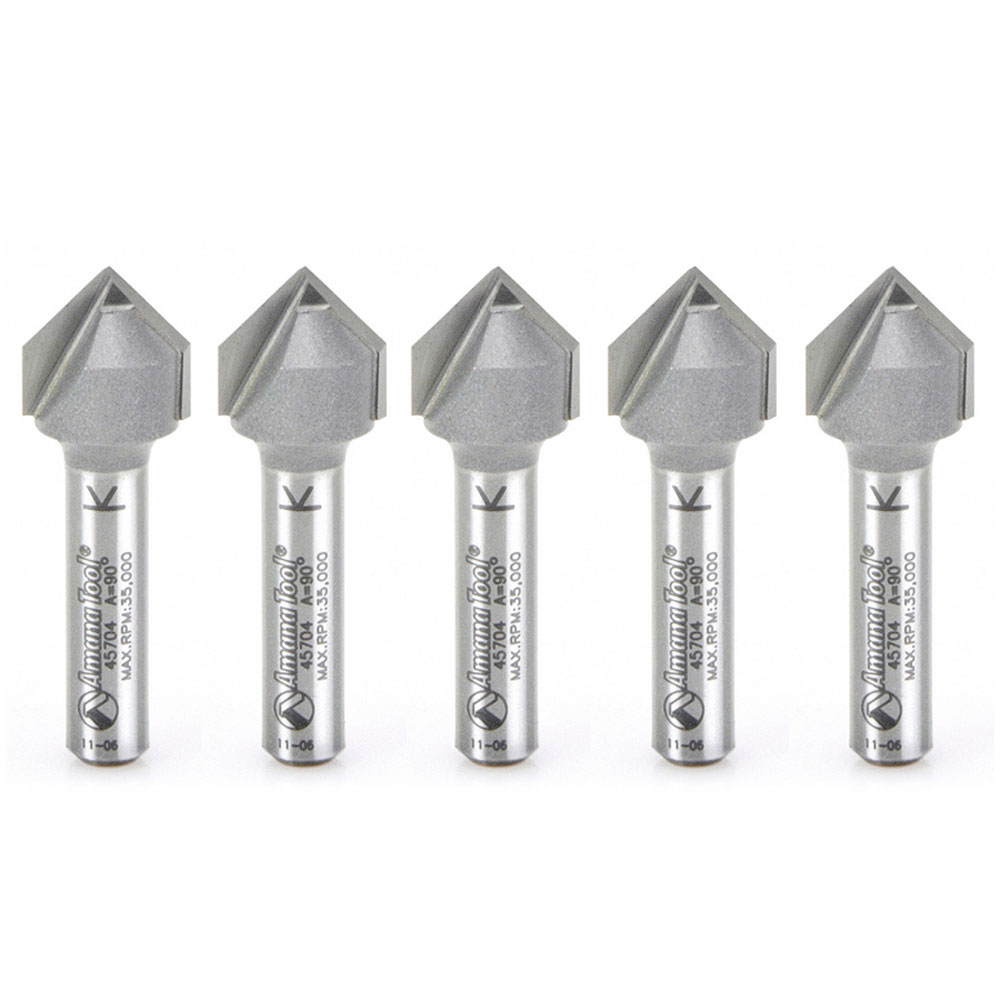 Amana 45704-5 5 Pack Carbide Tipped V-Groove 90 Deg x 1/2 Dia x 1/4 x 1/4 Inch Shank