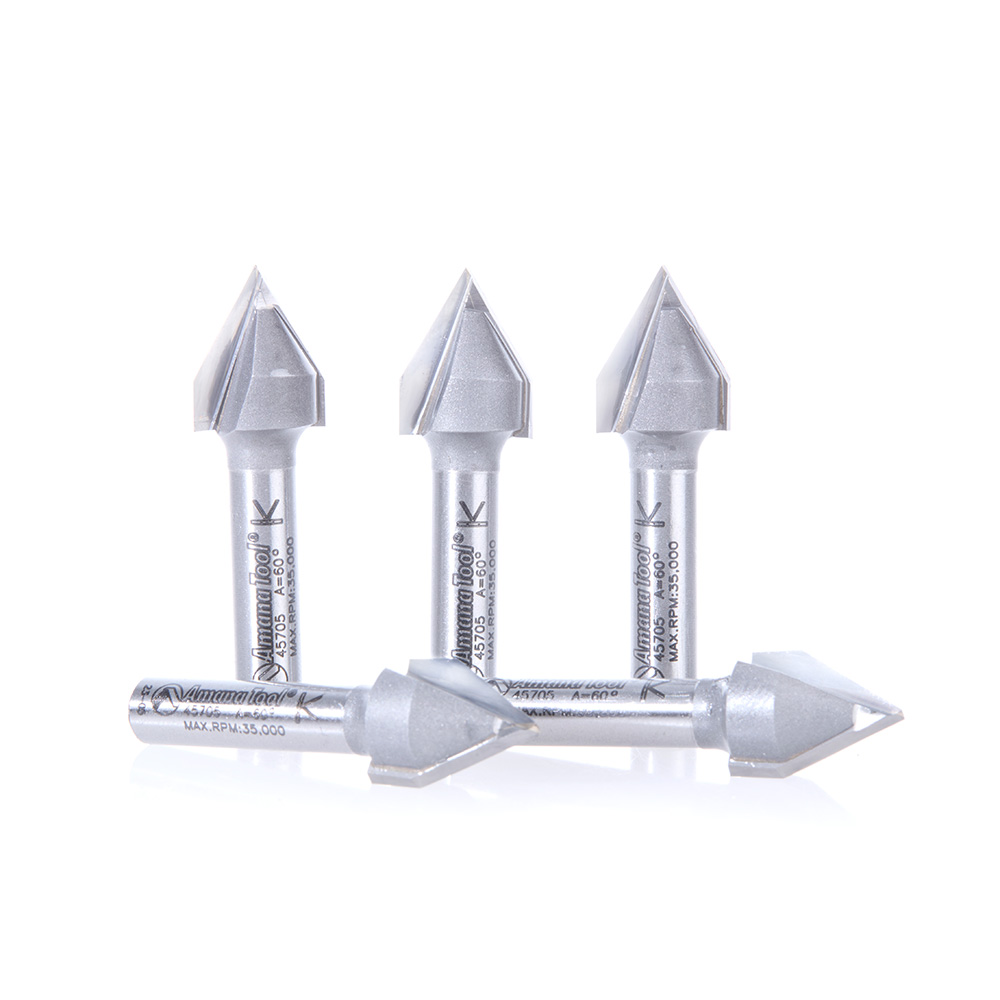 Amana 45705-5 5 Pack Carbide Tipped V-Groove 60 Deg x 1/2 Dia x 7/16 x 1/4 Inch Shank