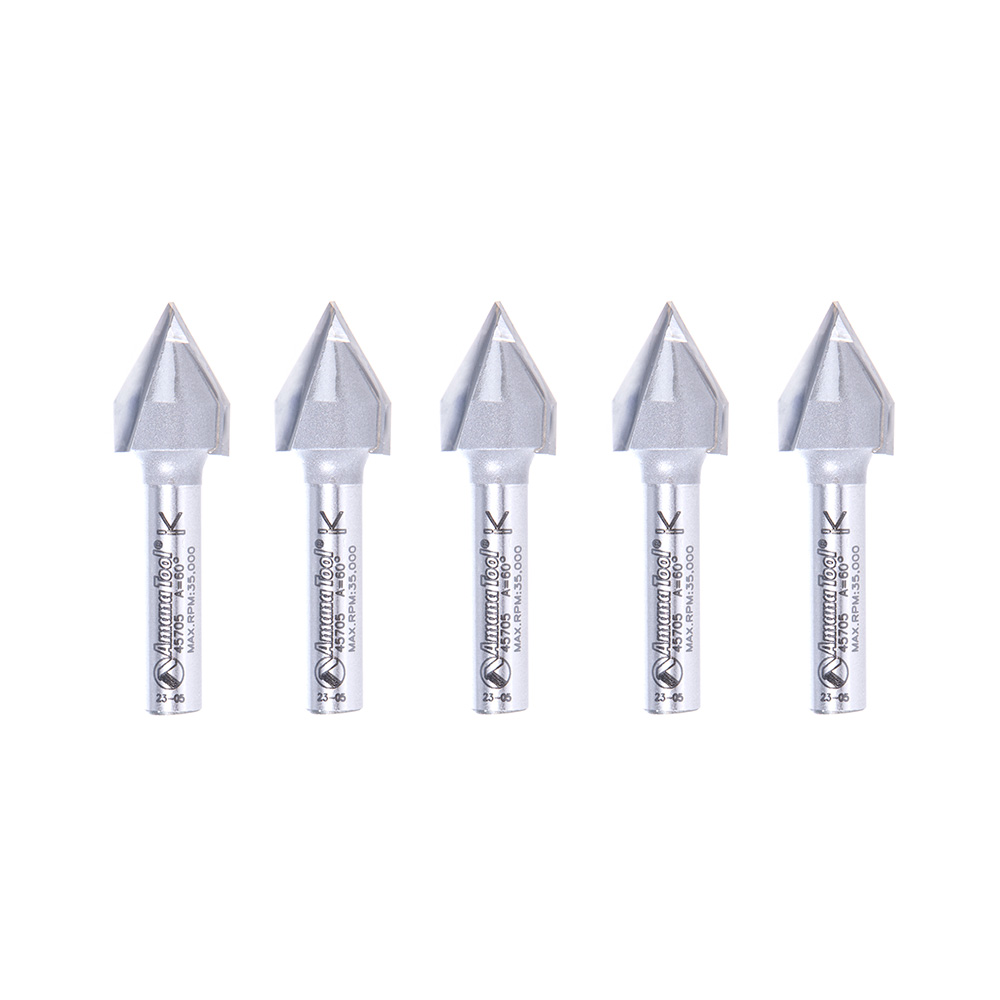Amana 45705-5 5 Pack Carbide Tipped V-Groove 60 Deg x 1/2 Dia x 7/16 x 1/4 Inch Shank
