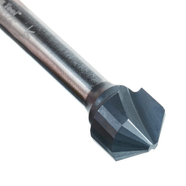 Amana 45749 Carbide V-Groove 108 Deg. Folding for Composite Material Panels Like SCM & TCM 0.090 Inch Tip Width x 5/32 x 1/2 Dia. x 1/4 Inch Shank AlTiN Coated Router Bit