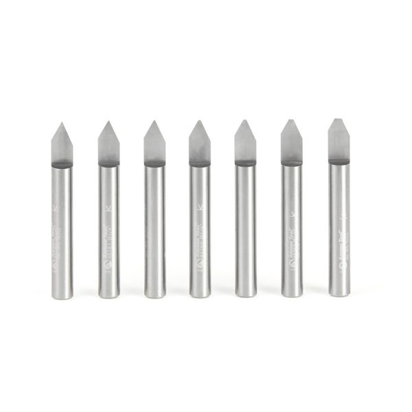 Amana 45769 7-Piece Solid Carbide 60 Deg Engraving 1/4 Inch Shank x 2 Inch Long Router Bit Set