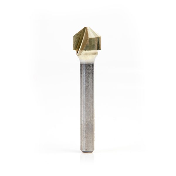 Amana 45781 Carbide V-Groove 108 Deg. Folding for Composite Material Panels Like TCM, CCM, ACM, 0.090 Inch Tip Width x 5/32 x 1/2 Dia. x 1/4 Inch Shank ZrN Coated Router Bit