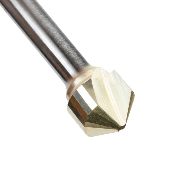 Amana 45781 Carbide V-Groove 108 Deg. Folding for Composite Material Panels Like TCM, CCM, ACM, 0.090 Inch Tip Width x 5/32 x 1/2 Dia. x 1/4 Inch Shank ZrN Coated Router Bit