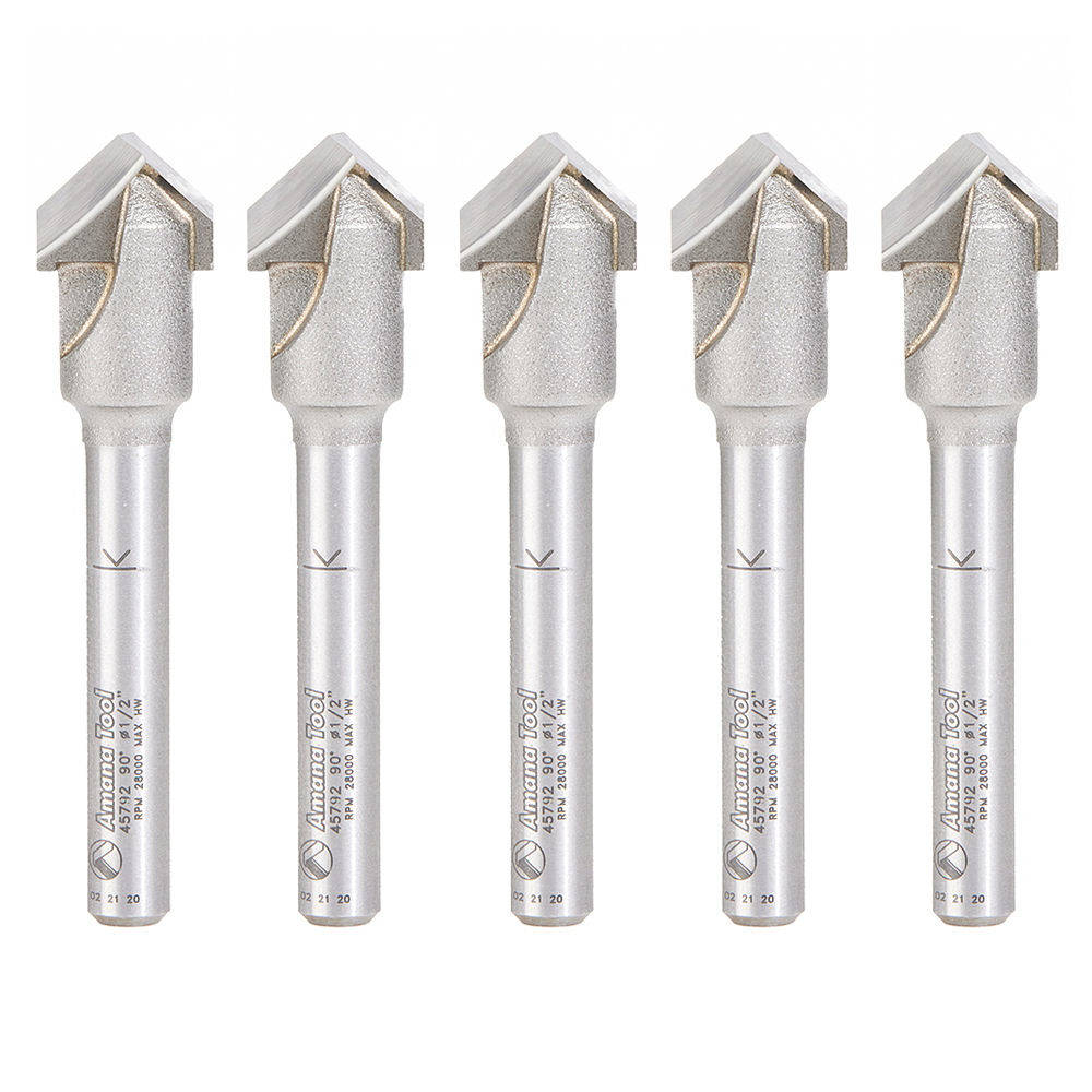 Amana 45792-5 5 Pack Carbide Tipped Double Edge Folding V-Groove 90 Deg x 0.090 Inch Tip Width x 1/2 Dia x 13/64 x 1/4 Inch Shank