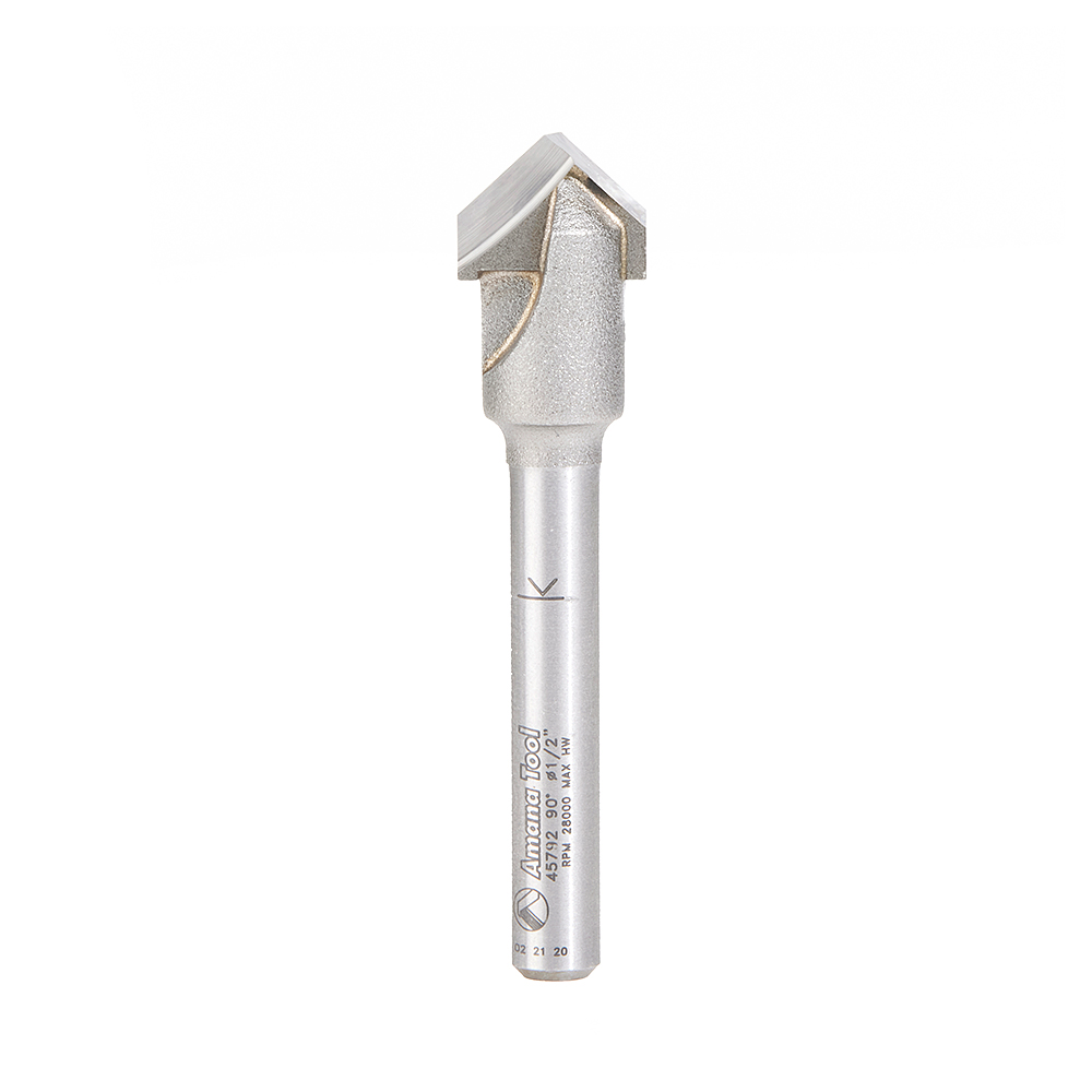 Amana 45792 Carbide Tipped Double Edge Folding V-Groove 90 Deg x 0.090 Inch Tip Width x 1/2 Dia x 13/64 x 1/4 Inch Shank