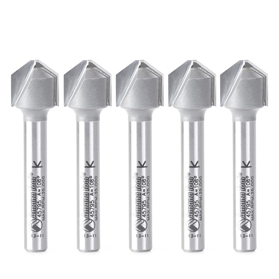Amana 45795-5 5 Pack Carbide Tipped Double Edge Folding V-Groove 108 Deg x 0.090 Inch Tip Width x 5/32 x 1/2 Dia. x 1/4 Inch Shank