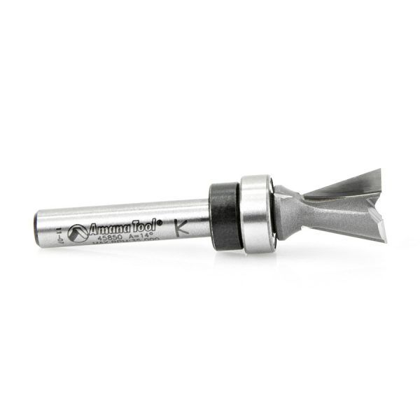 Amana 45850 Carbide Tipped Dovetail 14 Deg x 1/2 Dia x 1/2 x 1/4 Inch Shank with Upper BB