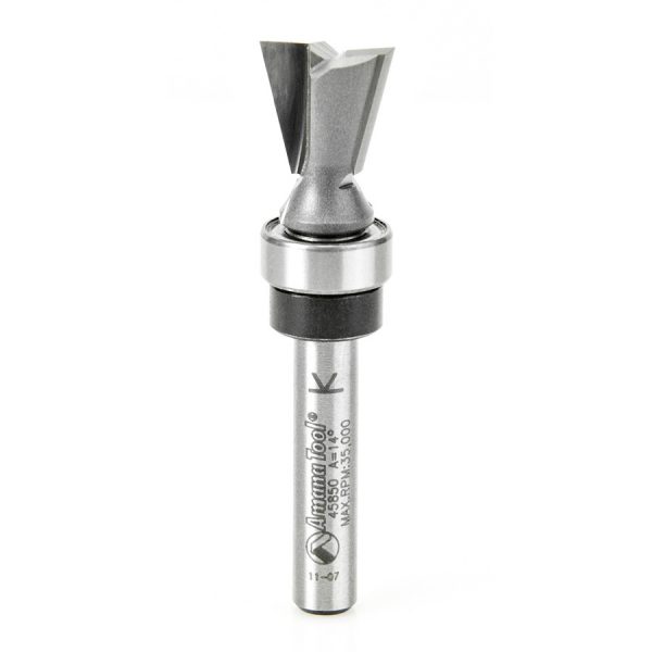Amana 45850 Carbide Tipped Dovetail 14 Deg x 1/2 Dia x 1/2 x 1/4 Inch Shank with Upper BB