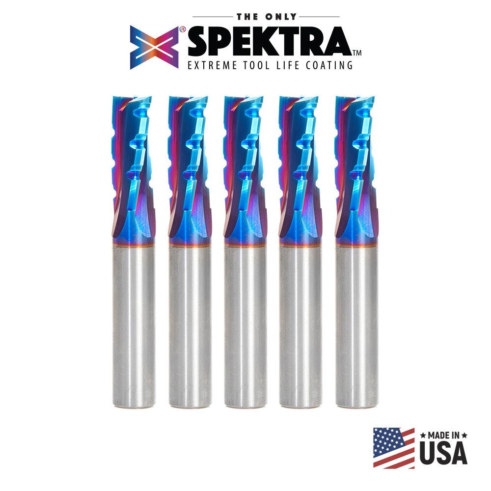 Amana 46153-K-5 5 Pack Solid Carbide CNC Spektra, Extreme Tool Life Coated Spiral Phenolic, Resin and Composite with Chipbreaker 1/2 Dia x 1-1/4 x 1/2 Shank x 3-1/2 Inch Long Slow Helix Up-Cut Router Bits