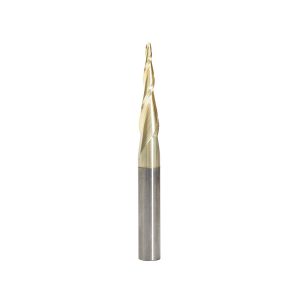 Amana 46252 CNC 2D and 3D Carving 5.5 Deg Tapered Angle Ball Tip x 1/16 Dia x 1/32 Radius x 1 x 1/4 Shank x 2-23/64 Inch Long x 2 Flute Solid Carbide Up-Cut Spiral ZrN Coated Router Bit