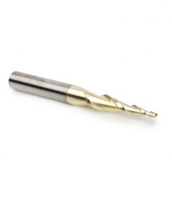 Amana 46252 CNC 2D and 3D Carving 5.5 Deg Tapered Angle Ball Tip x 1/16 Dia x 1/32 Radius x 1 x 1/4 Shank x 2-23/64 Inch Long x 2 Flute Solid Carbide Up-Cut Spiral ZrN Coated Router Bit