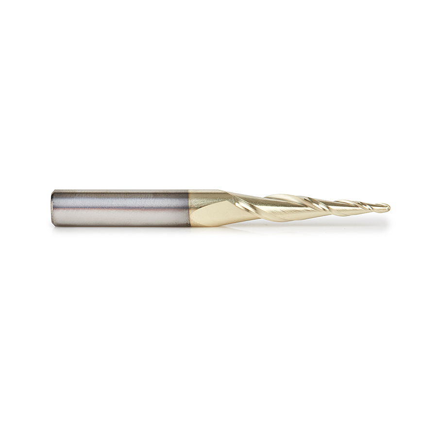 Amana 46252-S CNC 2D and 3D Carving 5.5 Deg Tapered Angle Ball Tip x 1/16 Dia x 1/32 Radius x 1 x 1/4 Shank x 2-1/4 Inch Long x 2 Flute Solid Carbide Up-Cut Spiral ZrN Coated Router Bit