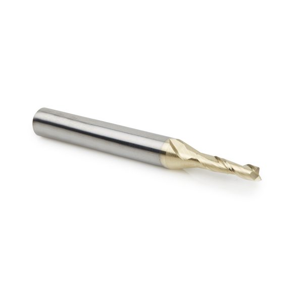 Amana 46254 CNC 2D and 3D Carving Flat Bottom 0.10 Deg Angle x 1/8 Dia x 15/32 x 1/4 Shank x 2-23/64 Inch Long x 2 Flute Solid Carbide ZrN Coated Router Bit