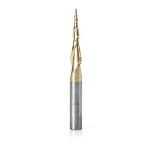 Amana 46256 CNC 2D and 3D Carving 5.4 Deg Tapered Angle Ball Tip x 1mm Dia x 0.5mm Radius x 1-7/64 x 1/4 Shank x 2-23/64 Inch Long x 2 Flute Solid Carbide Up-Cut Spiral ZrN Coated Router Bit