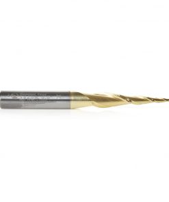 Amana 46256 CNC 2D and 3D Carving 5.4 Deg Tapered Angle Ball Tip x 1mm Dia x 0.5mm Radius x 1-7/64 x 1/4 Shank x 2-23/64 Inch Long x 2 Flute Solid Carbide Up-Cut Spiral ZrN Coated Router Bit
