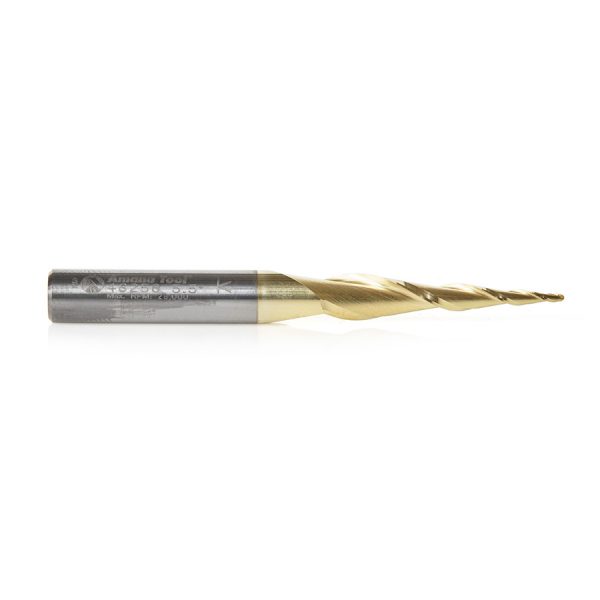 Amana 46256 CNC 2D and 3D Carving 5.4 Deg Tapered Angle Ball Tip x 1mm Dia x 0.5mm Radius x 1-7/64 x 1/4 Shank x 2-23/64 Inch Long x 2 Flute Solid Carbide Up-Cut Spiral ZrN Coated Router Bit