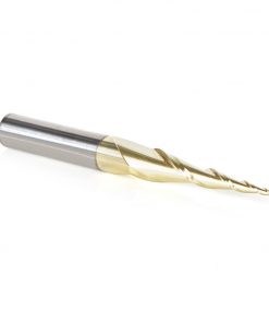 Amana 46256 CNC 2D and 3D Carving 5.4 Deg Tapered Angle Ball Tip x 1mm Dia x 0.5mm Radius x 1-7/64 x 1/4 Shank x 2-23/64 Inch Long x 2 Flute Solid Carbide Up-Cut Spiral ZrN Coated Router Bit