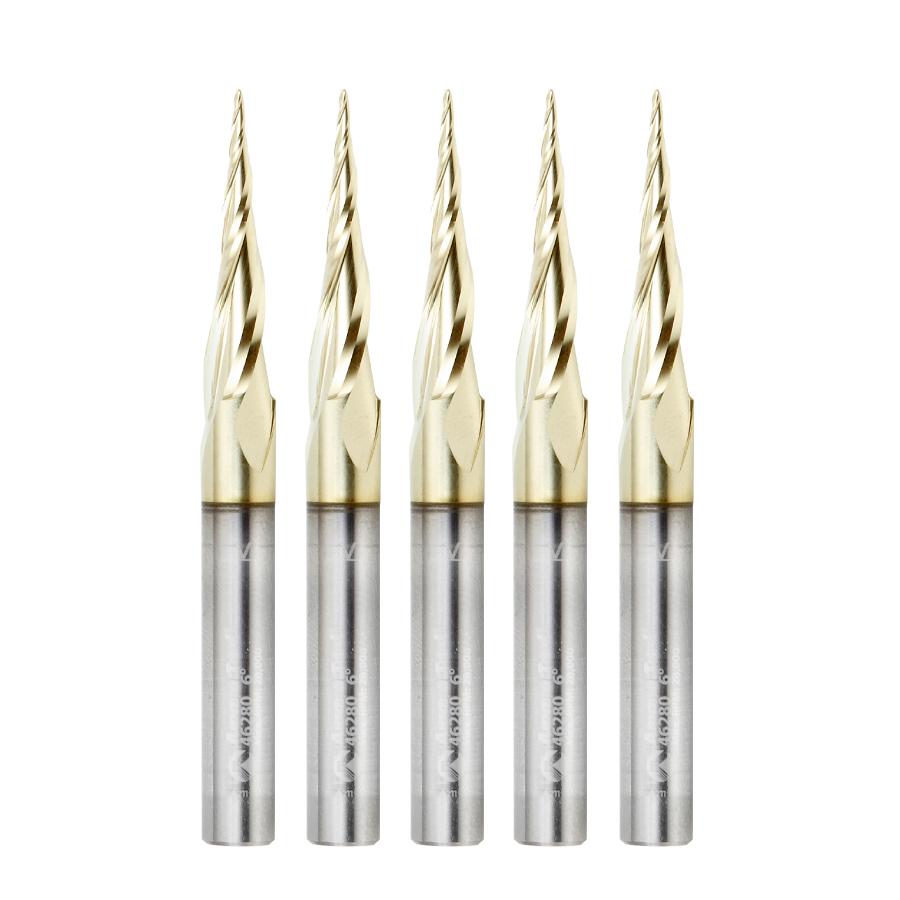 Amana 46280-5, 5-Pack CNC 2D and 3D Carving 6.2 Deg Tapered Angle Ball Tip x 1/32 Dia x 1/64 Radius x 1 x 1/4 Shank x 3 Inch Long x 3 Flute Solid Carbide Up-Cut Spiral ZrN Coated Router Bits