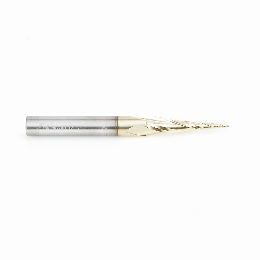 Amana 46280-5, 5-Pack CNC 2D and 3D Carving 6.2 Deg Tapered Angle Ball Tip x 1/32 Dia x 1/64 Radius x 1 x 1/4 Shank x 3 Inch Long x 3 Flute Solid Carbide Up-Cut Spiral ZrN Coated Router Bits