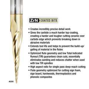 Amana 46281 CNC 2D and 3D Carving 3.6 Deg Tapered Angle Ball Tip 1/16 Dia x 1/32 Radius x 1-1/2 x 1/4 Shank x 3 Inch Long x 3 Flute Solid Carbide Up-Cut Spiral ZrN Coated Router Bit