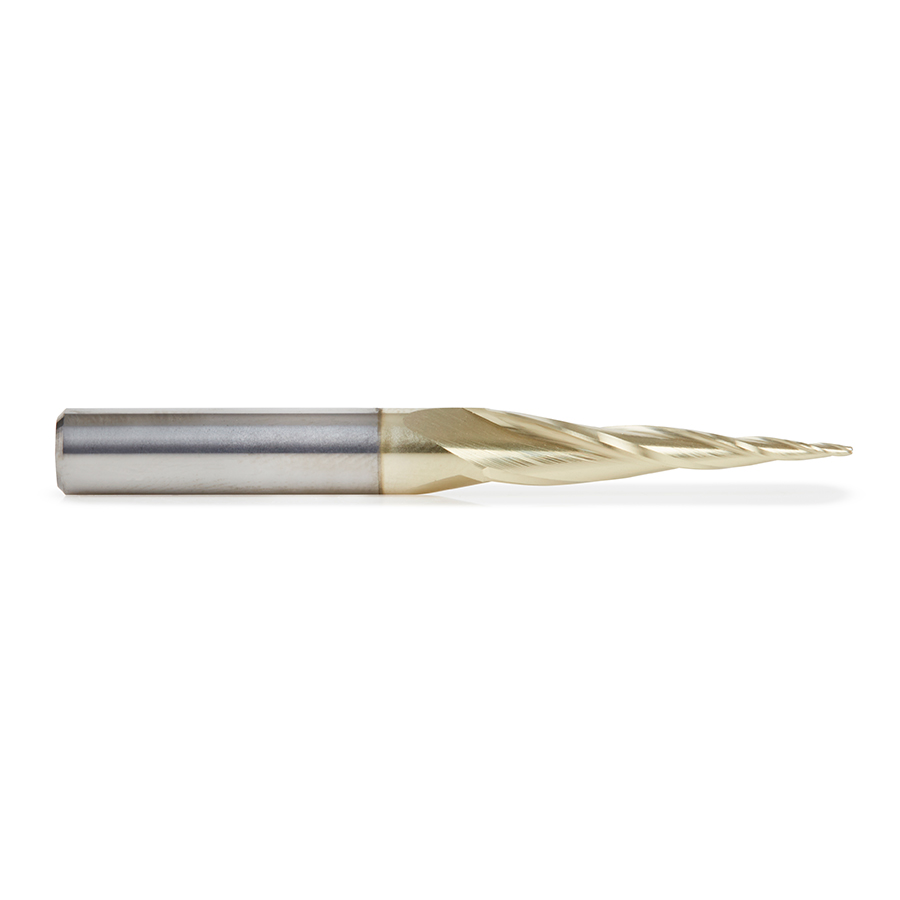 Amana 46280-S CNC 2D and 3D Carving 6.2 Deg Tapered Angle Ball Tip x 1/32 Dia x 1/64 Radius x 1 x 1/4 Shank x 2-1/4 Inch Long x 3 Flute Solid Carbide Up-Cut Spiral ZrN Coated Router Bit