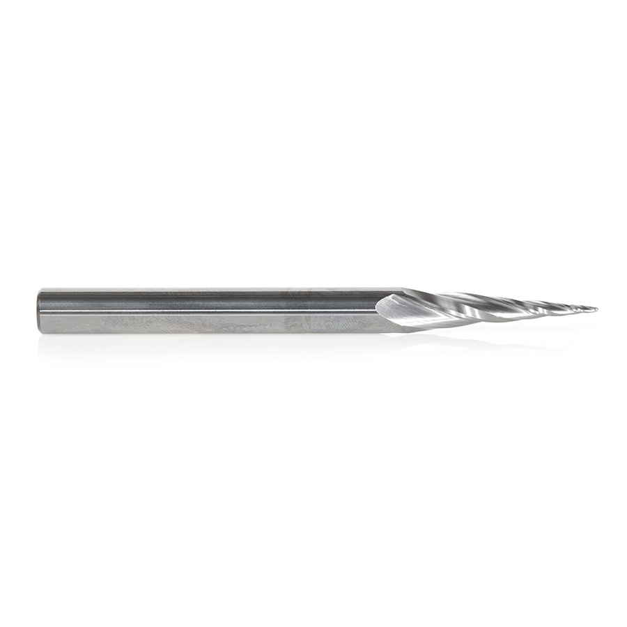 Amana 46280-U CNC 2D and 3D Carving 6.2 Deg Tapered Angle Ball Tip x 1/32 Dia x 1/64 Radius x 1 x 1/4 Shank x 3 Inch Long x 3 Flute Solid Carbide Up-Cut Spiral Router Bit