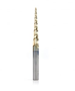 Amana 46281 CNC 2D and 3D Carving 3.6 Deg Tapered Angle Ball Tip 1/16 Dia x 1/32 Radius x 1-1/2 x 1/4 Shank x 3 Inch Long x 3 Flute Solid Carbide Up-Cut Spiral ZrN Coated Router Bit