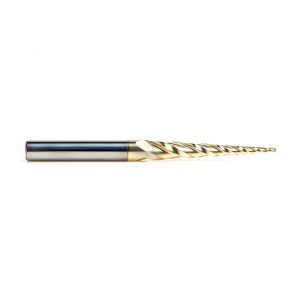 Amana 46281 CNC 2D and 3D Carving 3.6 Deg Tapered Angle Ball Tip 1/16 Dia x 1/32 Radius x 1-1/2 x 1/4 Shank x 3 Inch Long x 3 Flute Solid Carbide Up-Cut Spiral ZrN Coated Router Bit