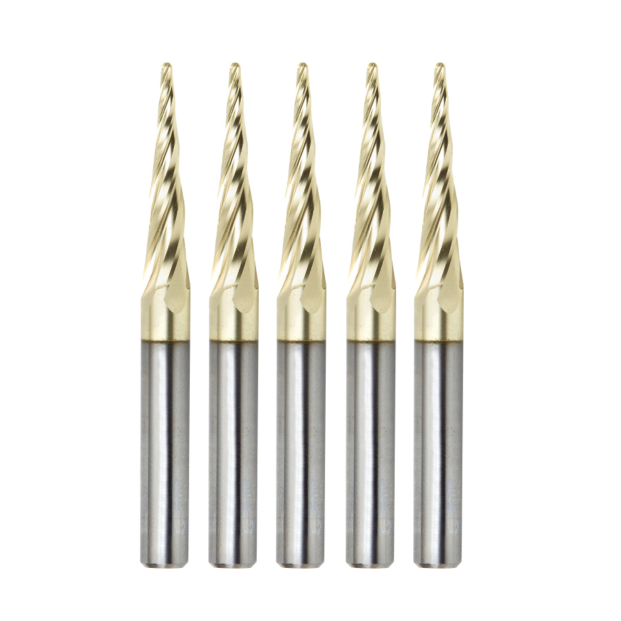 Amana 46282-5, 5-Pack CNC 2D and 3D Carving 5.4 Deg Tapered Angle Ball Tip 1/16 Dia x 1/32 Radius x 1 x 1/4 Shank x 3 Inch Long x 4 Flute Solid Carbide Up-Cut Spiral ZrN Coated Router Bits