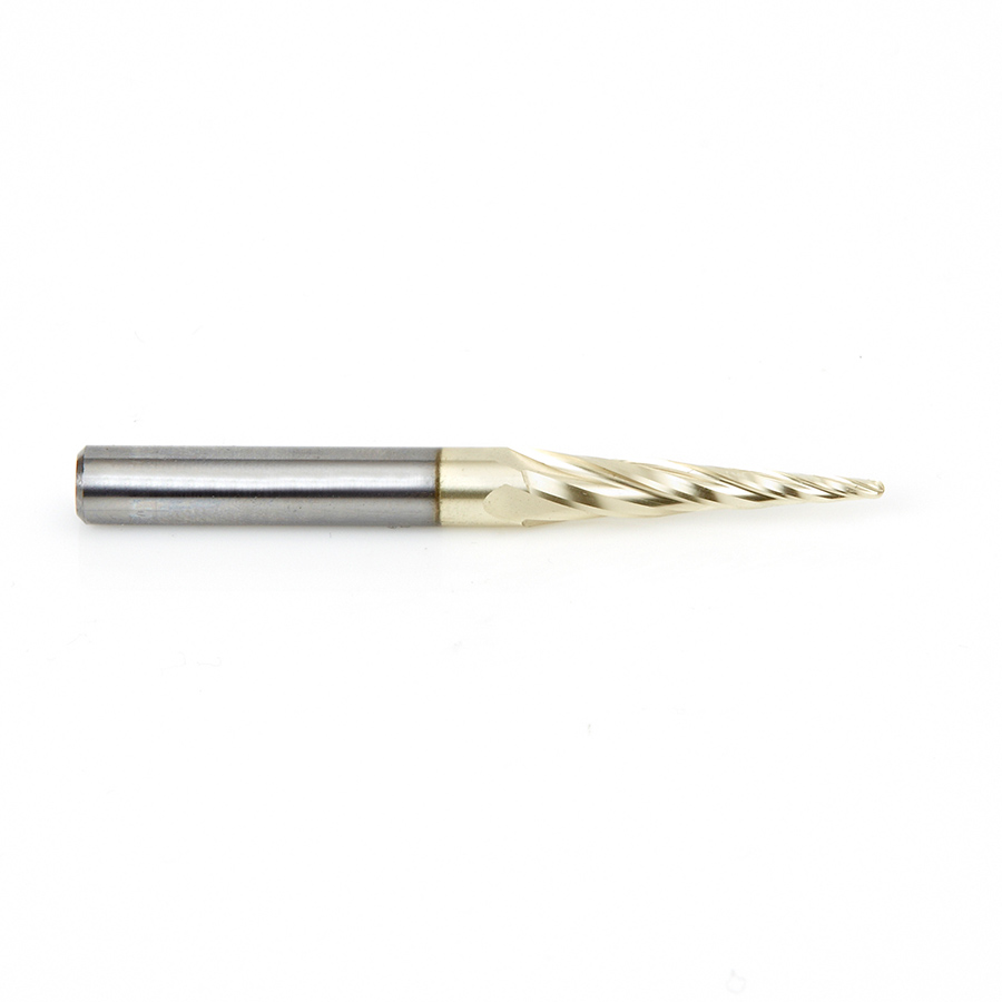 Amana 46282-5, 5-Pack CNC 2D and 3D Carving 5.4 Deg Tapered Angle Ball Tip 1/16 Dia x 1/32 Radius x 1 x 1/4 Shank x 3 Inch Long x 4 Flute Solid Carbide Up-Cut Spiral ZrN Coated Router Bits