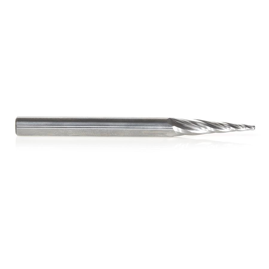 Amana 46282-U CNC 2D and 3D Carving 5.4 Deg Tapered Angle Ball Tip 1/16 Dia x 1/32 Radius x 1 x 1/4 Shank x 3 Inch Long x 4 Flute Solid Carbide Up-Cut Spiral Router Bit