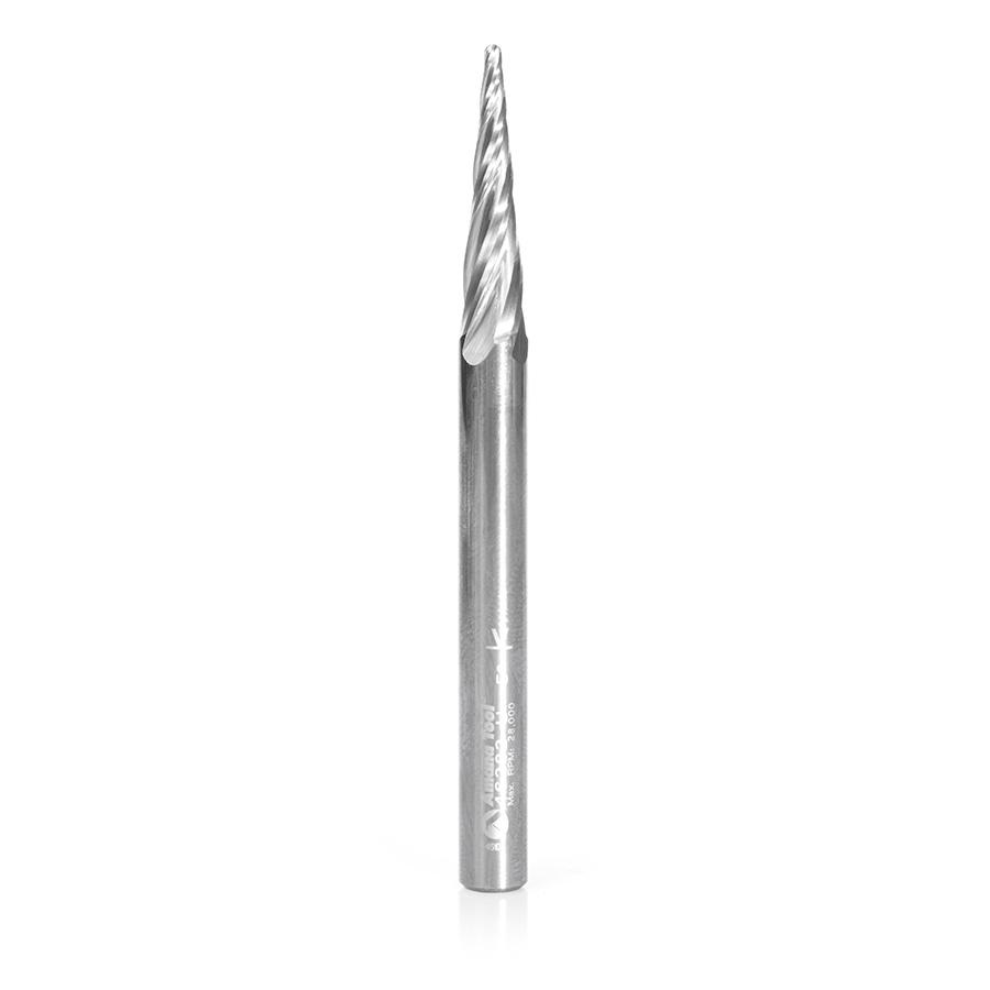 Amana 46282-U CNC 2D and 3D Carving 5.4 Deg Tapered Angle Ball Tip 1/16 Dia x 1/32 Radius x 1 x 1/4 Shank x 3 Inch Long x 4 Flute Solid Carbide Up-Cut Spiral Router Bit