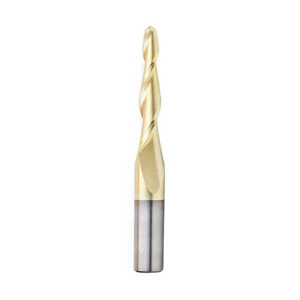 Amana 46283 CNC 2D and 3D Carving 3 Deg Tapered Angle Ball Tip 1/4 Dia x 1/8 Radius x 2 x 1/2 Shank x 4 Inch Long x 2 Flute Solid Carbide Up-Cut Spiral ZrN Coated Router Bit
