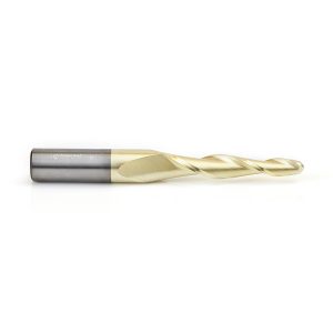 Amana 46283 CNC 2D and 3D Carving 3 Deg Tapered Angle Ball Tip 1/4 Dia x 1/8 Radius x 2 x 1/2 Shank x 4 Inch Long x 2 Flute Solid Carbide Up-Cut Spiral ZrN Coated Router Bit