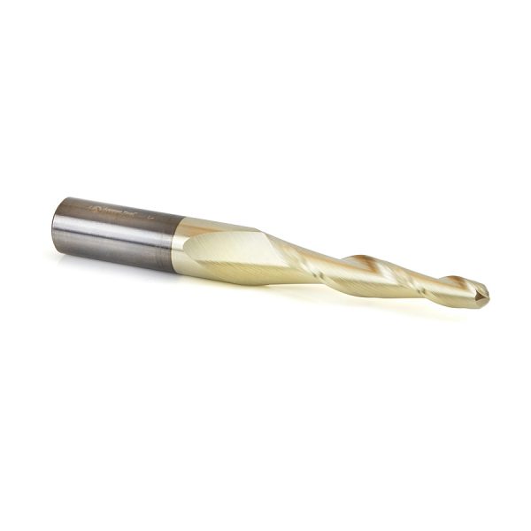Amana 46283 CNC 2D and 3D Carving 3 Deg Tapered Angle Ball Tip 1/4 Dia x 1/8 Radius x 2 x 1/2 Shank x 4 Inch Long x 2 Flute Solid Carbide Up-Cut Spiral ZrN Coated Router Bit