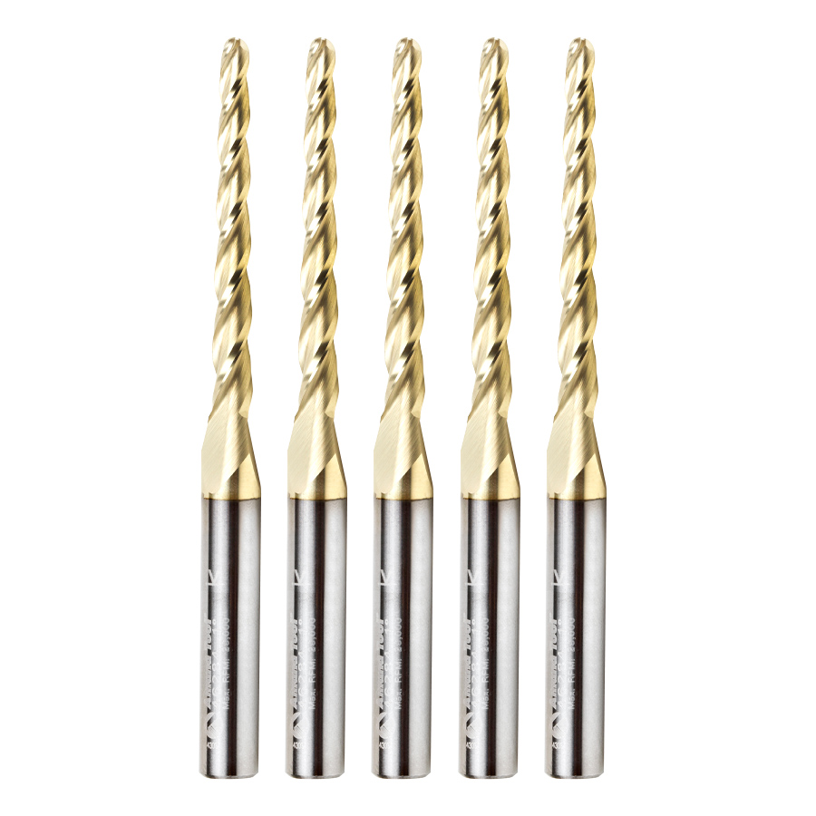 Amana 46284-5, 5-Pack CNC 2D and 3D Carving 1 Deg Tapered Angle Ball Tip 1/8 Dia x 1/16 Radius x 1-1/2 x 1/4 Shank x 3 Inch Long x 3 Flute Solid Carbide Up-Cut Spiral ZrN Coated Router Bits