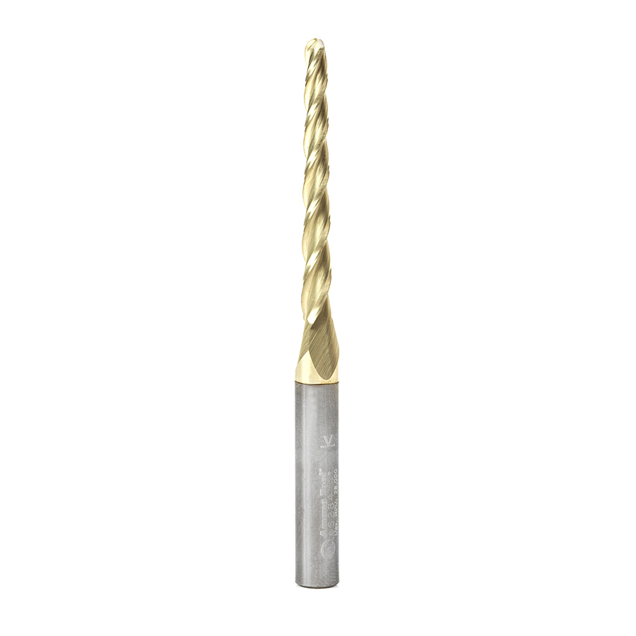 Amana 46284-5, 5-Pack CNC 2D and 3D Carving 1 Deg Tapered Angle Ball Tip 1/8 Dia x 1/16 Radius x 1-1/2 x 1/4 Shank x 3 Inch Long x 3 Flute Solid Carbide Up-Cut Spiral ZrN Coated Router Bits